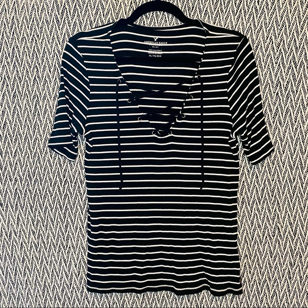 American Eagle Lace-Up V-Neck T-Shirt